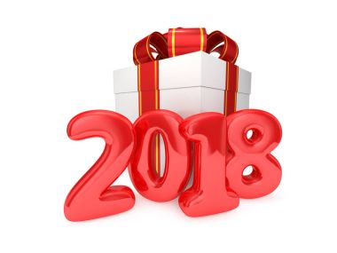 Hediye kutusu mevcut kırmızı şerit yay ile ve şişme rakamları ile