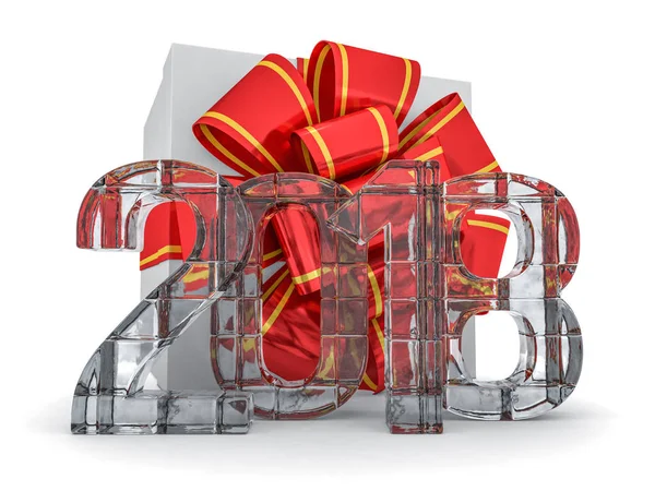 Caja regalo regalo con lazo de cinta y figuras de hielo 2018. 3D r — Foto de Stock