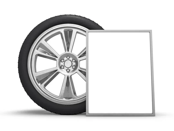 Auto wielen met grote witte poster, witte achtergrond. 3D — Stockfoto