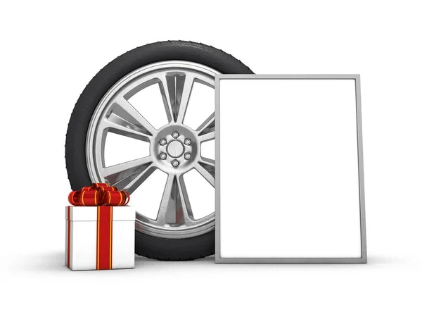 Ruedas de coche con gran caja de regalo blanca, fondo blanco. 3D — Foto de Stock