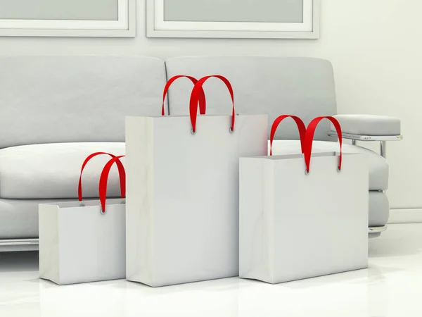 Group of paper shopping bags in the interior. 3D rendering — Stock Photo, Image