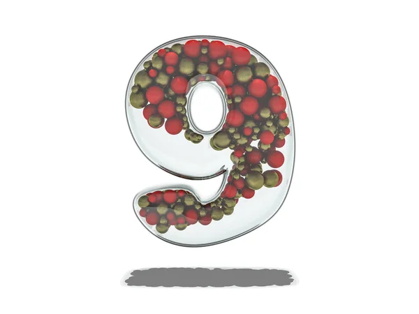 Número de cristal con esferas rojas y doradas. Renderizado 3D — Foto de Stock