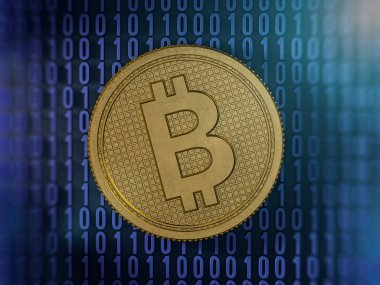 Altın madeni para ile bitcoin sembolü. Dijital para. 3D