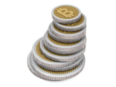 Altın madeni para ile bitcoin sembolü. Dijital para. 3D