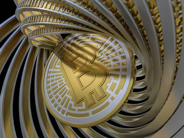 Pièce d'or avec symbole Bitcoin. Monnaie numérique. 3D — Photo