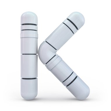 Büyük harf K Büyük harf. Metalik fütüristik beyaz yazı tipi. 3d.