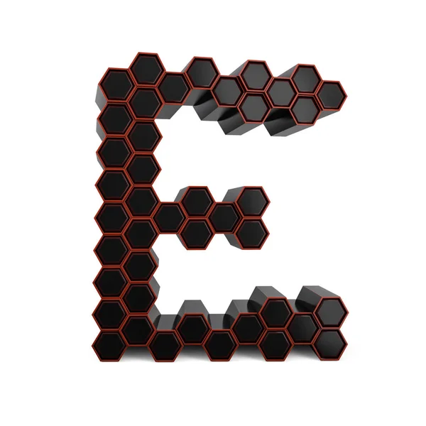Carta maiúscula E. maiúscula. Fonte preta brilhante honeycomb. 3D — Fotografia de Stock