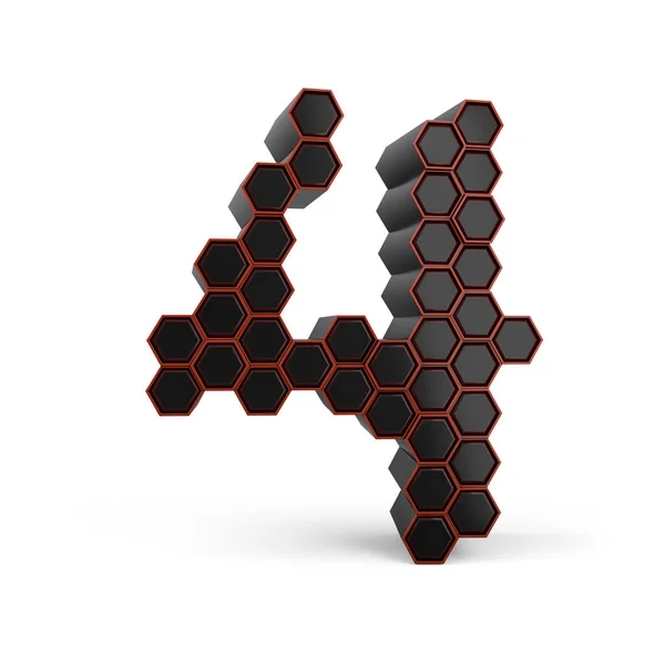 Nummer vier. Digitaal bord. Zwart glanzend honingraat lettertype. 3d — Stockfoto