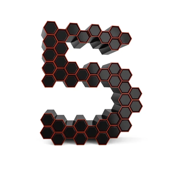 Número 5. Sinal digital. Fonte preta brilhante honeycomb. 3D — Fotografia de Stock