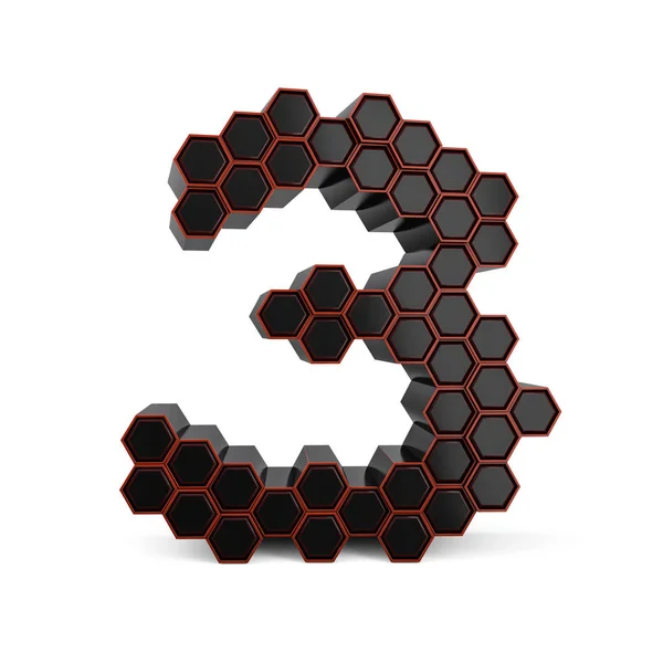 Number 3. Digital sign. Black glossy honeycomb font. 3D — Stock Photo, Image