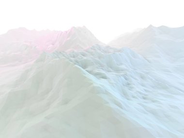 Dağları ve tepeleri olan soyut çokgen beyaz bir manzara. 3d