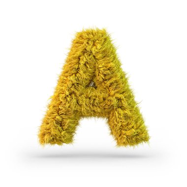 Capital letter A. Uppercase. Yellow fluffy and furry font. 3D