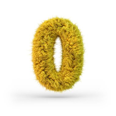 Number 0. Digital sign. Yellow fluffy and furry font. 3D