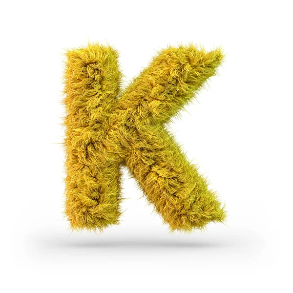 Hoofdletter K. Hoofdletters. Geel pluizig en harig lettertype. 3d — Stockfoto