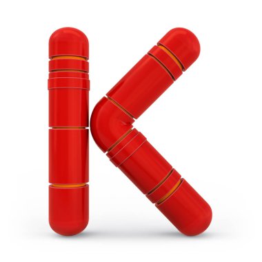 Büyük harf K Büyük harf. Metalik fütüristik kırmızı yazı tipi. 3d.