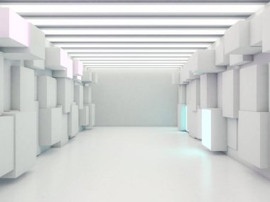 Soyut modern mimari arka plan, boş açık alan iç mekanı. 3B görüntüleme