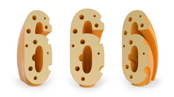 Number 6. Digital sign. Cheese alphabet and font. Set of three view points on white. 3D rendering