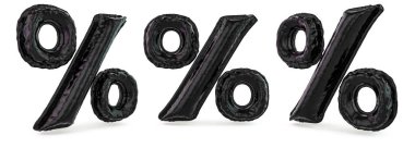 Yüzde işareti. Dijital işaret. Arka planda şişme siyah balon var. 3B görüntüleme