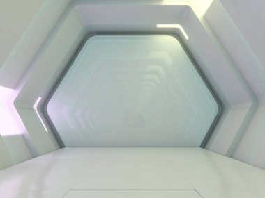 Soyut modern mimari arka plan, boş açık alan iç mekanı. 3B görüntüleme