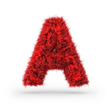 Büyük harf A. Büyük harf. Kırmızı tüylü ve kürklü yazı tipi. 3B görüntüleme