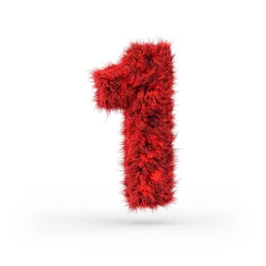 Bir numara. Dijital işaret. Kırmızı tüylü ve kürklü yazı tipi. 3B görüntüleme