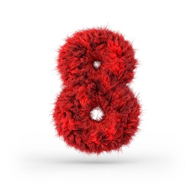 8 numara. Dijital işaret. Kırmızı tüylü ve kürklü yazı tipi. 3B görüntüleme