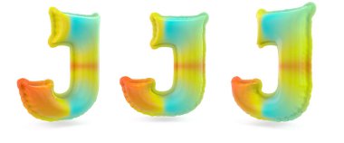 Büyük harf J. Büyük harf. Arka planda şişirilebilir çok renkli balon. 3B görüntüleme