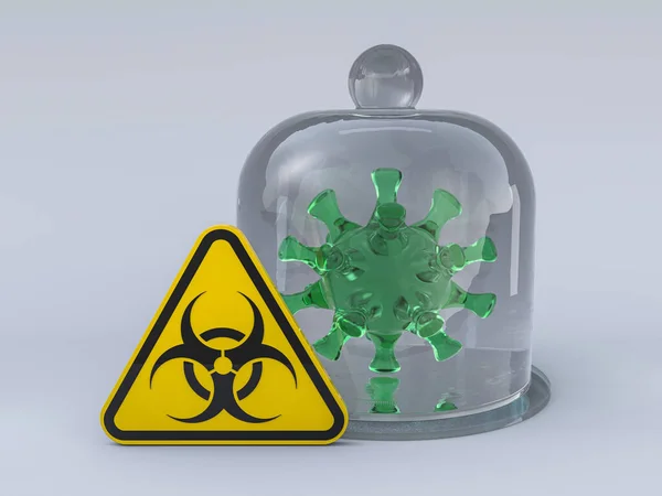 Virus COVID-19, pandemic risk alert. Biohazard sign. Warning sign of virus. 3D rendering