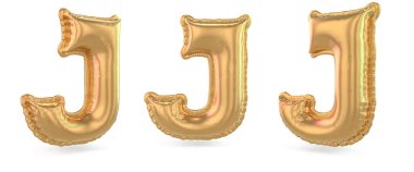 Büyük harf J. Büyük harf. Arka planda şişme altın balon. 3B görüntüleme
