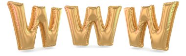 Büyük harf W büyük harf. Arka planda şişme altın balon. 3B görüntüleme