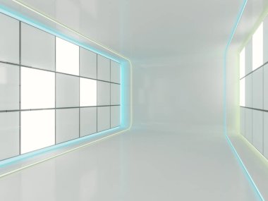 Soyut modern mimari arka plan, boş açık alan iç mekanı. 3B görüntüleme