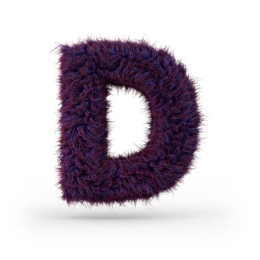 Büyük harf D büyük harf. Mor tüylü ve kürklü yazı tipi. 3B görüntüleme