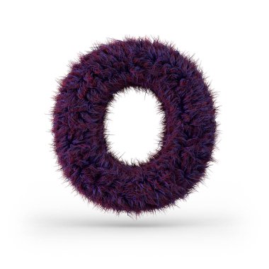 Büyük harf O büyük harf. Mor tüylü ve kürklü yazı tipi. 3B görüntüleme