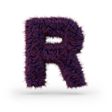 Büyük harf R. Büyük harf. Mor tüylü ve kürklü yazı tipi. 3B görüntüleme
