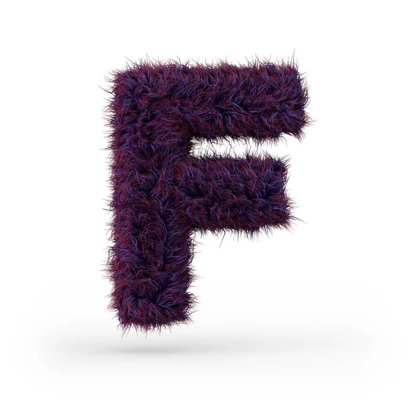 大写字母F大写字母 紫色绒毛和毛茸茸的字体 3D渲染 — 图库照片