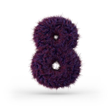 8 numara. Dijital işaret. Mor tüylü ve kürklü yazı tipi. 3B görüntüleme