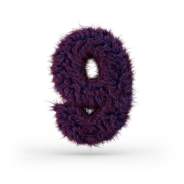 9 numara. Dijital işaret. Mor tüylü ve kürklü yazı tipi. 3B görüntüleme