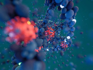 Covid-19. Patojen solunum koronavirüsü 2019-ncov gribi. Virüs DNA 'ya saldırır. 3B görüntüleme