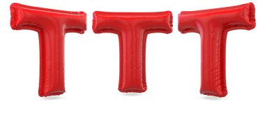 Büyük harf T büyük harf. Arka planda şişme kırmızı balon. 3B görüntüleme