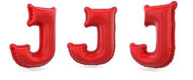 Büyük harf J. Büyük harf. Arka planda şişme kırmızı balon. 3B görüntüleme