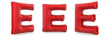 Büyük harf E. Büyük harf. Arka planda şişme kırmızı balon. 3B görüntüleme