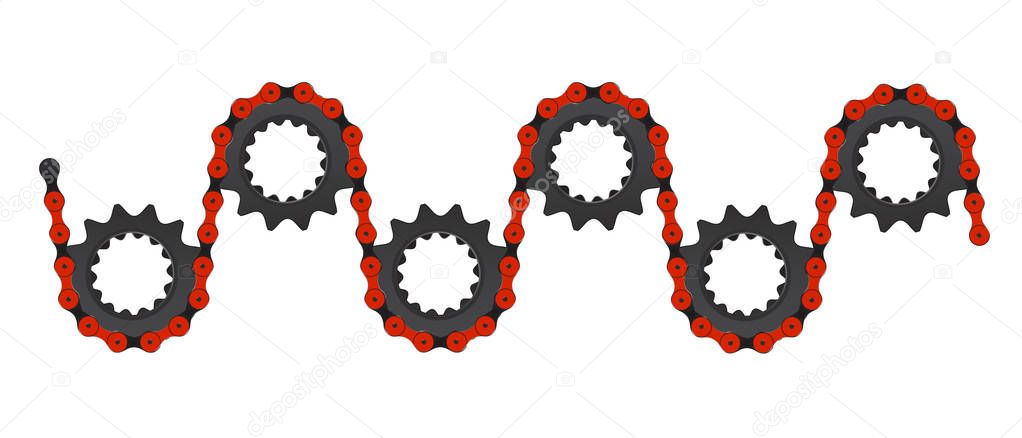 A bicycle chain and the driving and driven cogs