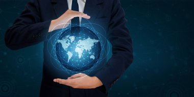 Akıllı telefonlar ve küre bağlantıları nadir iletişim dünya Internet iş insanlar Internet iletişim kurmak için telefon tuşuna basın. Uzay yerine mesaj mavi sesi