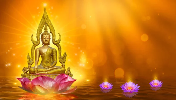 Buddha Statue Water Lotus Buddha Standing Lotus Flower Orange Background — Stock Photo, Image