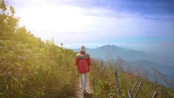 Young people walking on a hilltop in Doi Inthanon, Chiang Mai, Thailand — Stock Video