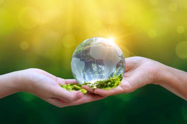 Kavram Dünyayı kurtar Çevreyi kurtar Dünya yeşil bokeh arka planının çimlerinde