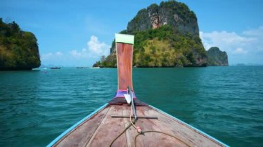Wooden bow Ancient wooden boat Sea of ������Ko Rok indigo water dark blue beautiful Krabi Thailand Asia