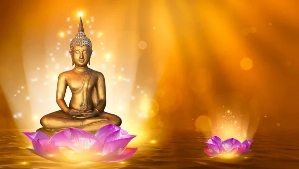 Будда Статуя Воды Лотос Будда Стоя Цветке Лотоса Оранжевом Фоне — стоковое фото