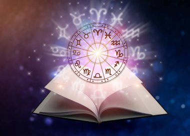 Burç dairesinin içinde burç işaretleri var. Astroloji gökyüzünde birçok yıldız ve ay ile astroloji ve burçlar kavramı