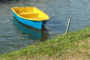 Resim tarzında işlenmiş su, teknede renkli kürek.